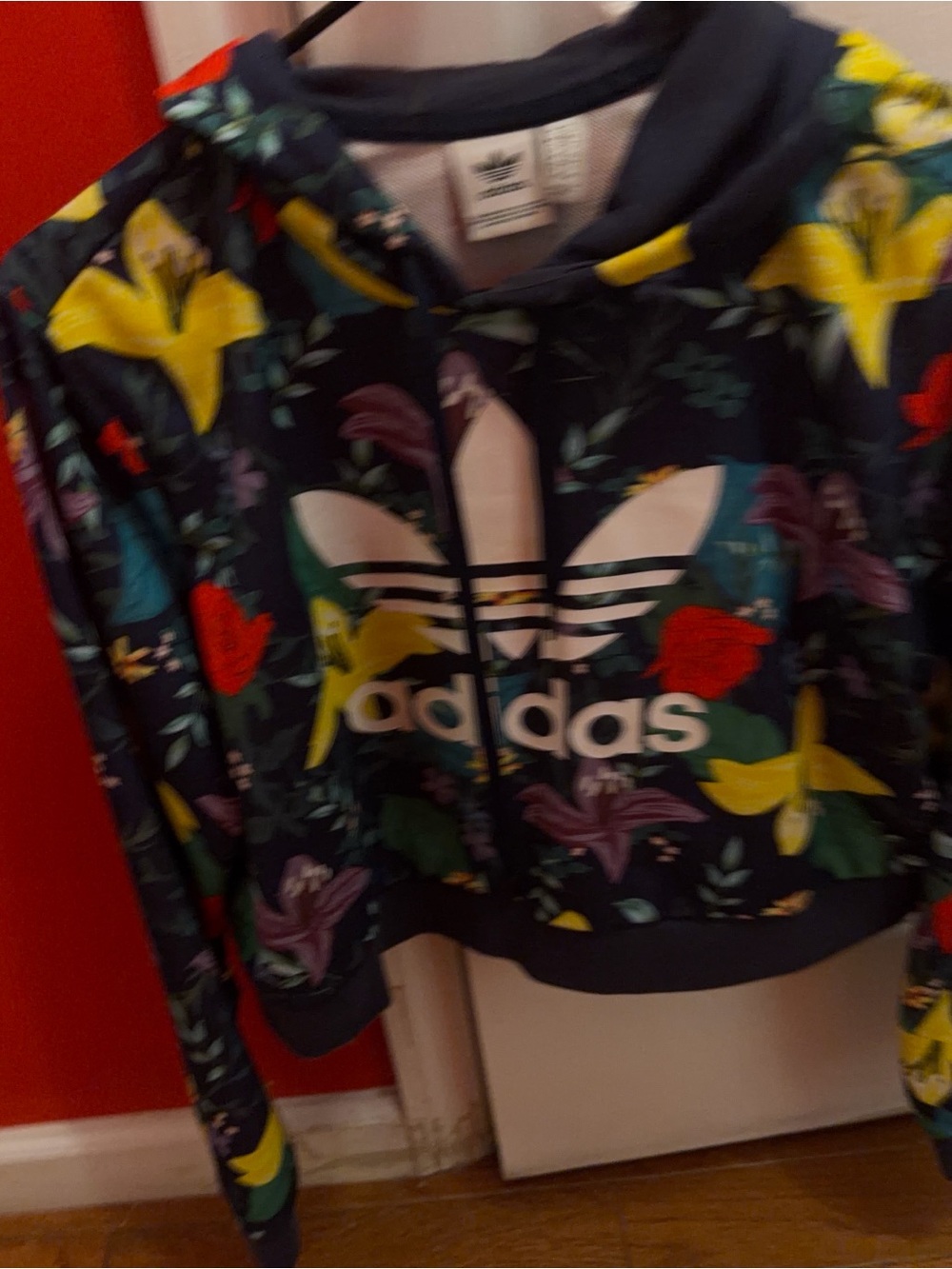 adidas Navy Floral Crop Bomber Jacket with Hood